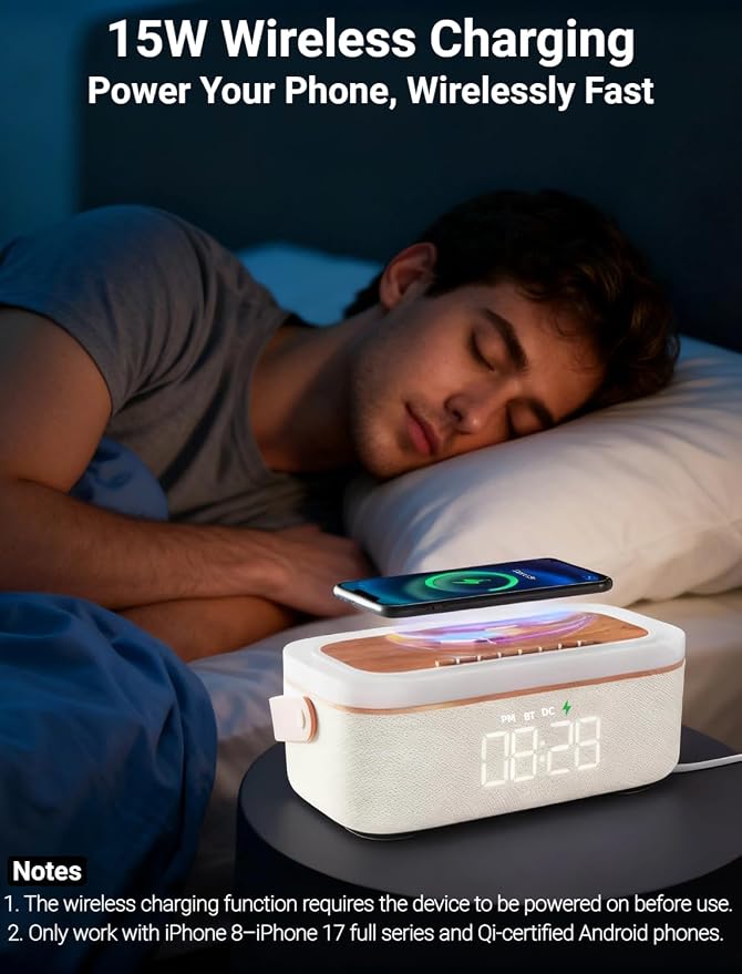 4-in-1 Alarm Clock Bedrooms for Heavy Sleeper, Bluetooth Clock Sync with Phone, Portable Bluetooth Speaker, 15W Wireless Charging Station, Ambient Mood Night Light, Trendy Gift Room Decor