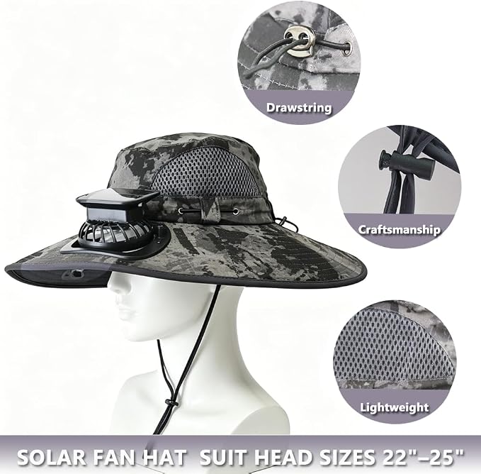 Solar Fan Hat Rechargeable 2Detachable Solar Fans,Water-Repellent Wide Brim Bucket Hat, Outdoor Camping Hiking Golf Sun Hat