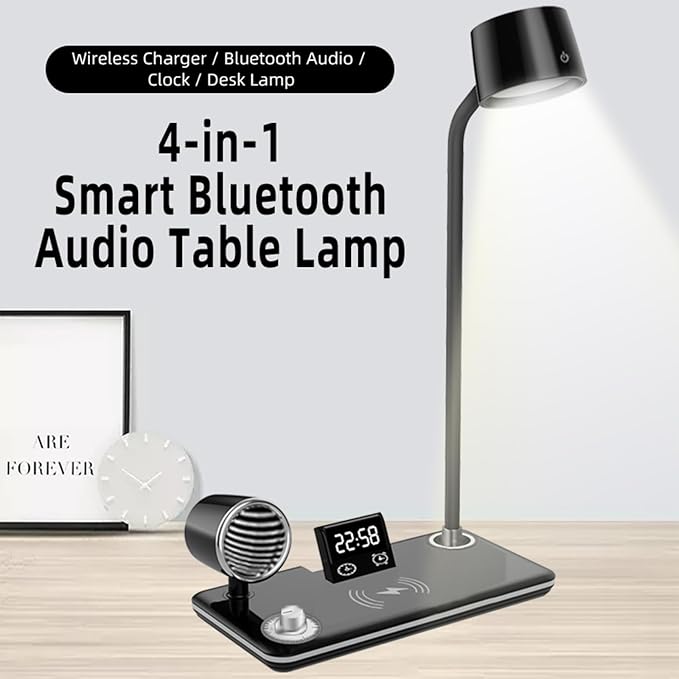 15W Wireless Charging Desk Lamp, Bluetooth 5.0 Speaker, Digital Alarm Clock, Touch Control, 3 Color Lighting & Dimmable, Flexible Gooseneck for Office & Bedside, HYT1772 Black.