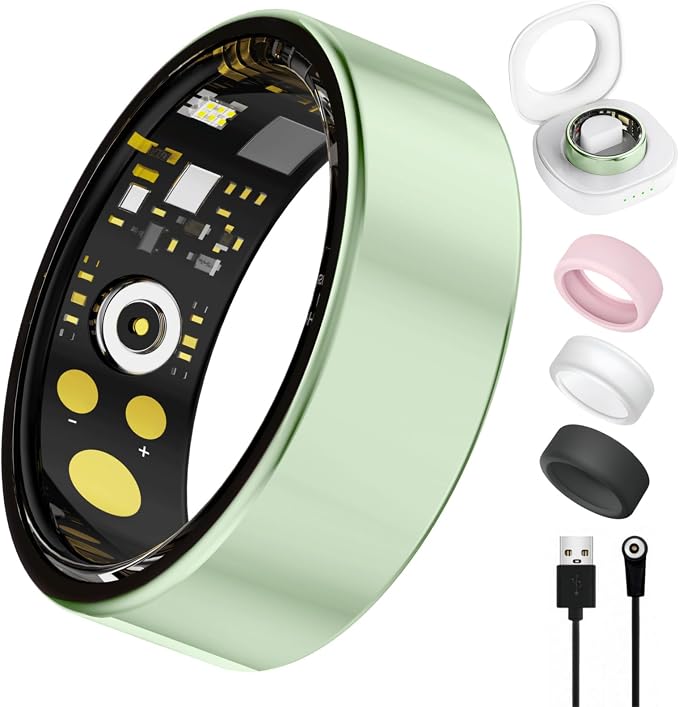Smart Ring for Women Men, Health Tracker with Heart Rate/Blood Oxygen/Blood Pressure/Sleep Monitoring/Step Counting, IP68 Waterproof Fitness Ring, No App Fees for iPhone & Android (Green, 8#)