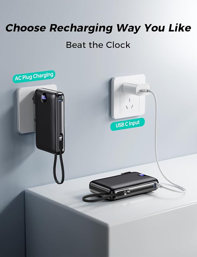 Portable Charger Power Bank 50000mAh Massive Capacity, Built-in Wall Plug USB-C & iOS Cables, 22.5W Fast Charging Battery Pack with LED Display, Travel Essential for Camping, iPhone, Samsung Black