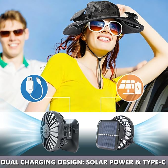 Solar Fan Hat Rechargeable 2Detachable Solar Fans,Water-Repellent Wide Brim Bucket Hat, Outdoor Camping Hiking Golf Sun Hat