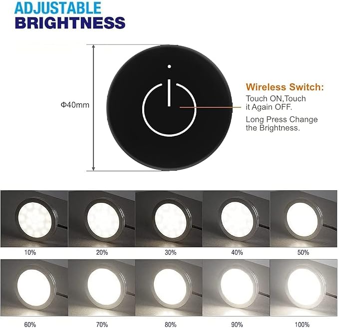 VST Under Cabinet Lighting 12V 2W (12W Total, 60W Equivalent), Wireless Dimmer Switch, Recessed or Surface Mount Wiried Puck Light for Kitchen, Wardrobe (6 Pack Black 3000K)