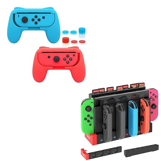 FastSnail Charging Dock and 2 Pack Switch Grips Kit for Nintendo Switch Joy Con & OLED Model, Charger Controller Stand Station with Charging Cable & with 28 Game Card Slots & 6 Thumb Grip