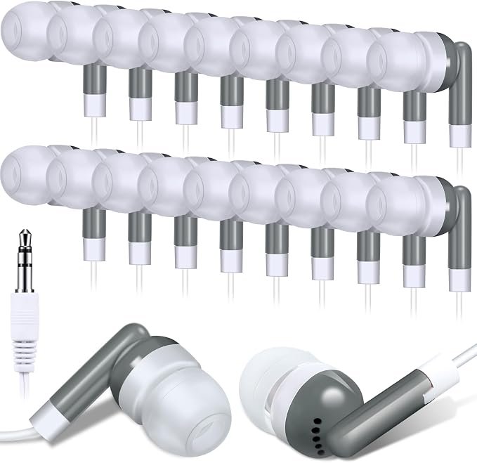 Konohan 100 Pcs Bulk Earbuds with Wire Basic Headphones in Ear for Libraries Laptop, No Microphone 3.5 mm Jack Earbuds Dot Headphones, Individually Bagged (Grey)