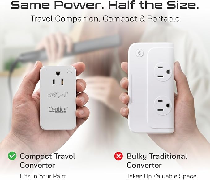 Ceptics 200W Step Down Voltage Converter - 220v to 110v Voltage Converter for Curling Iron, Straightener, Charger – USB-A & C Fast Charging – Type C Power Cord with A, G, I, E/F Plugs Included