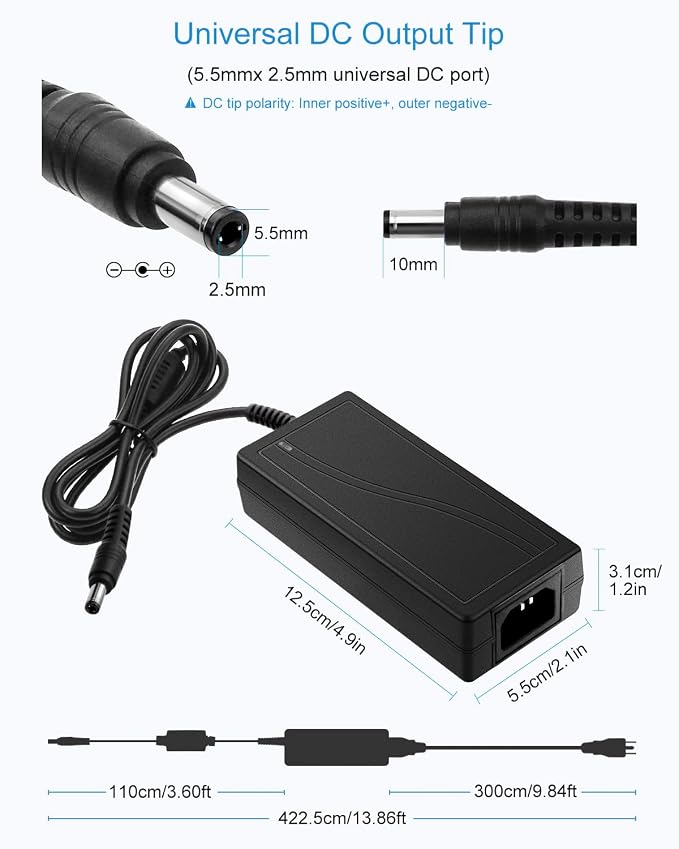 ALITOVE 12V DC Power Supply 72W AC Adapter AC 100~240V 50-60hz to 12 Volt 6A 5A 3A Transfomer Converter 13.4FT Power Cord 5.5x2.5mm 2.1mm Plug for LED Strip Light CCTV Security Camera PC Monitor