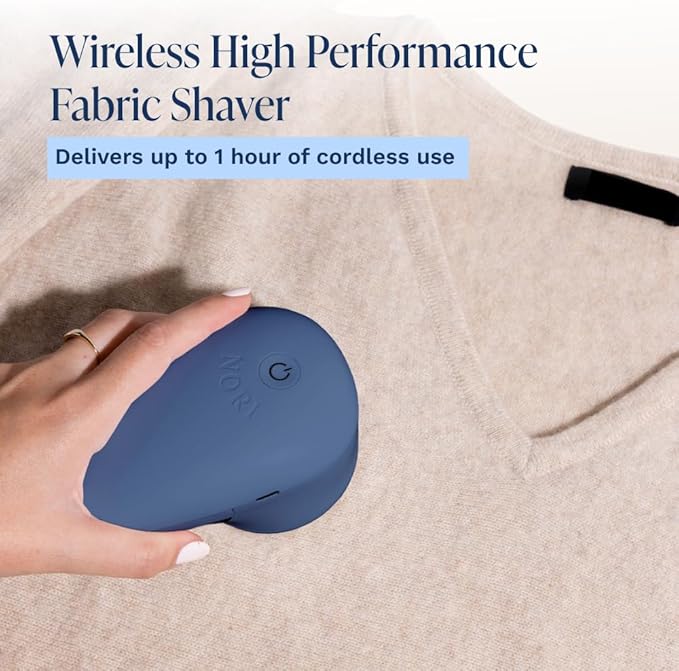 Nori Trim Fabric Shaver - Lint Remover for Clothes & Furniture Couch Pilling - Sweater Pill Remover - Clothes Shaver with 6 Precision Blades - Wireless and Rechargeable - Navy