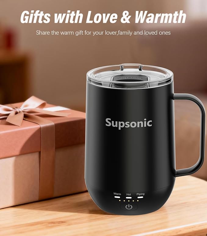 Supsonic - 16oz Self Heating Coffee Mug, Smart Heated Coffee Mug Faster Direct-Contact Heating Up to 149°F, Coffee Mug Warmer Set with Auto Shut-Off - Gifts for Men Women | S2