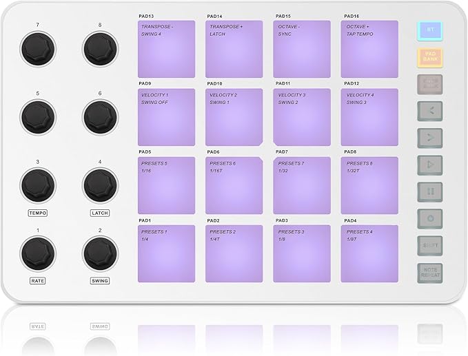 Wireless MIDI Controller Pads, Bluetooth Portable USB MIDI Controller with 16 Drum Pads, 8 Assignable Knobs, Note Repeat, Full Level Buttons, Rechargeable battery (White Pad)