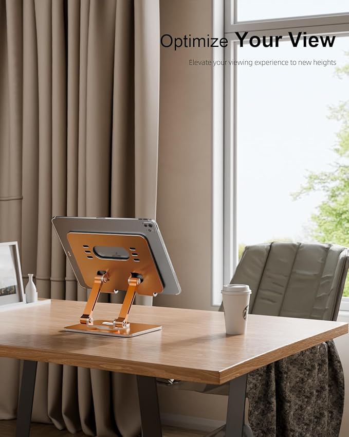Orlian Tablet Stand Holder with Thickened 360°Rotating Base Dual Rod Adjustable Aluminum Stand for All 5.8-12.9” iPad Samsung Phone Tablet Kindle E-Reader and More, Champagne Gold