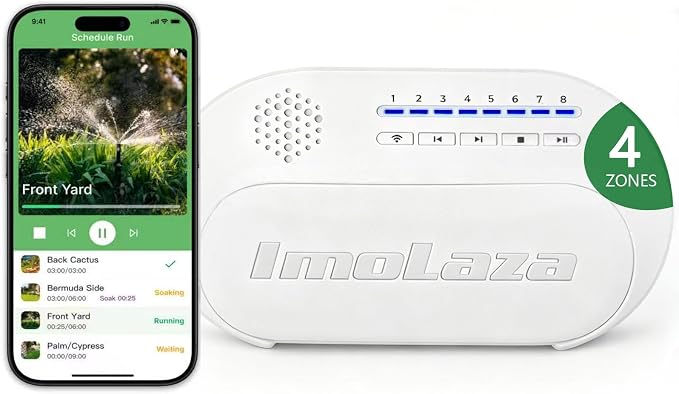 Indoor Smart Sprinkler Controller, Automatic Water Saving Irrigation Controller, 2.4GHz WiFi, Rain Freeze Wind Skip,Easy Install & App Remote Control (4-Zone)