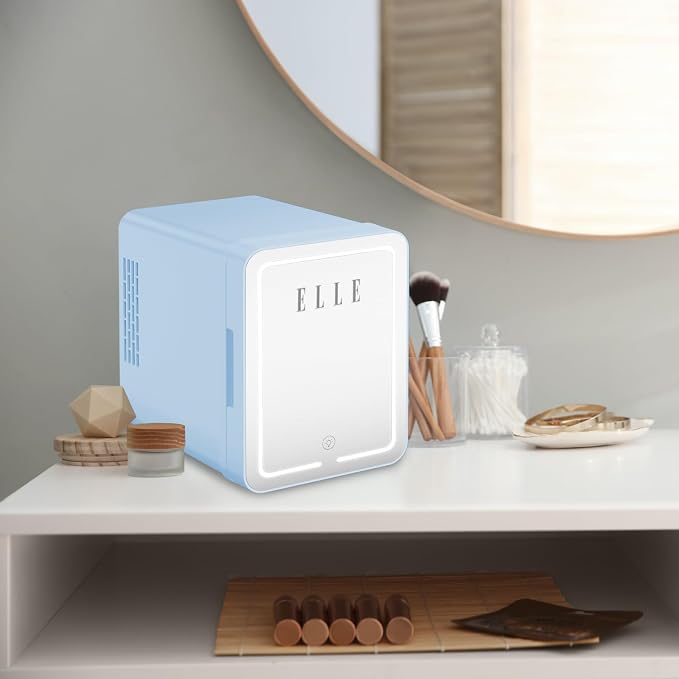 ELLE 4L Mini Cooler Fridge with LED Makeup Mirror for Skincare & Cosmetic Storage Cooler & Warmer Removable Shelf Carrying Handle AC DC Power Options Small Refrigerator for Bedroom Car Office Blue