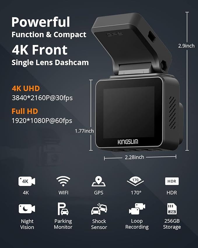 Kingslim D5-4K Dash Cam with WiFi - Front Dash Camera for Cars with GPS and Speed, Sony Night Vision, Support APP and 256GB Max