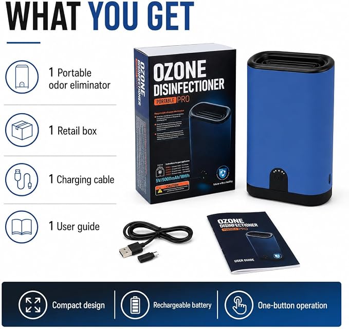 Portable Ozone Generator Air Purifier – 5000mAh Rechargeable Battery Operated Odor Eliminator for Home Car Hotel Rooms Bathroom Kitchen Pets Shoes Smoke & Dust