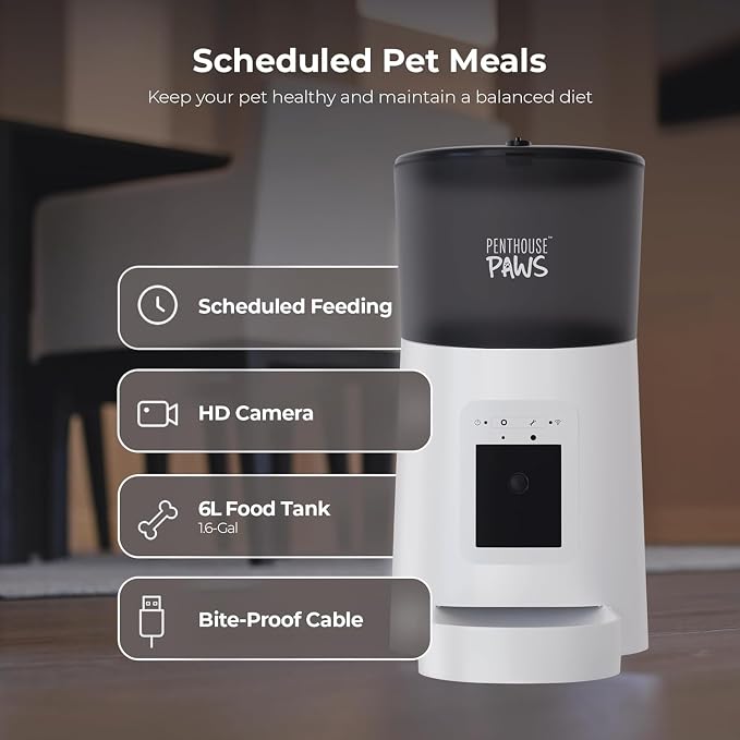 Penthouse Paws Smart HD Pet Feeder, 6L Dry Food Capacity, 1080p Camera, 2-Way Audio, Scheduled Meals, Backup Power, Easy to Clean, Anti-Jam Design for Cat & Dog, White