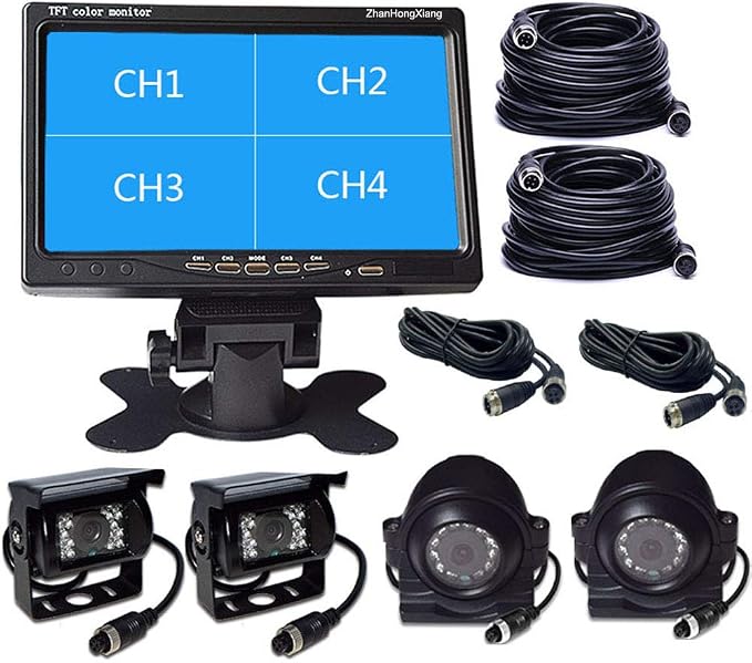 Vehicle Backup Cameras Monitor System 12V/24V,4 x HD 1080P Front Side Rear View Camera + 7" inch Quad Split 4CH Car LCD IPS Monitor for RV Bus Truck Trailer Caravan Camper