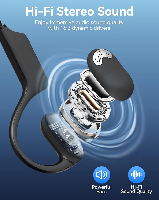 Open Ear Headphones with Mic, Bluetooth Headset with AI Noise Cancellation Microphone Air Conduction Headphones Bluetooth 5.4 Wireless Headset with Mic for Work Call Meeting Driving Sports（Black）