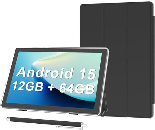 Android 15 Tablet 10 inch Tablets with Case, 12GB RAM + 64GB ROM (Expand to 1TB), Quad Core Processor Tablets, 5G WiFi 6, BT5.0, 1280x800 HD Screen, 6000mAh, Dual Camera, GMS, Widevine L1, Black
