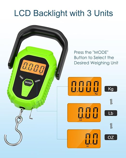 Fish Scale with Lip Gripper, Waterproof Digital Fish Scale, 110lb/50kg Hanging Fish Weight Scale, Portable Luggage Scale with Tape Measure, LCD Backlit, Batteries, for Home Fishing, Green