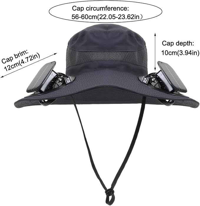 Outdoor Solar Powered Fan Hat for Men Women Breathable Wide Brim Hat with 2 Fans UPF 50+ Fishing Hat Beach Bucket Sun Hat