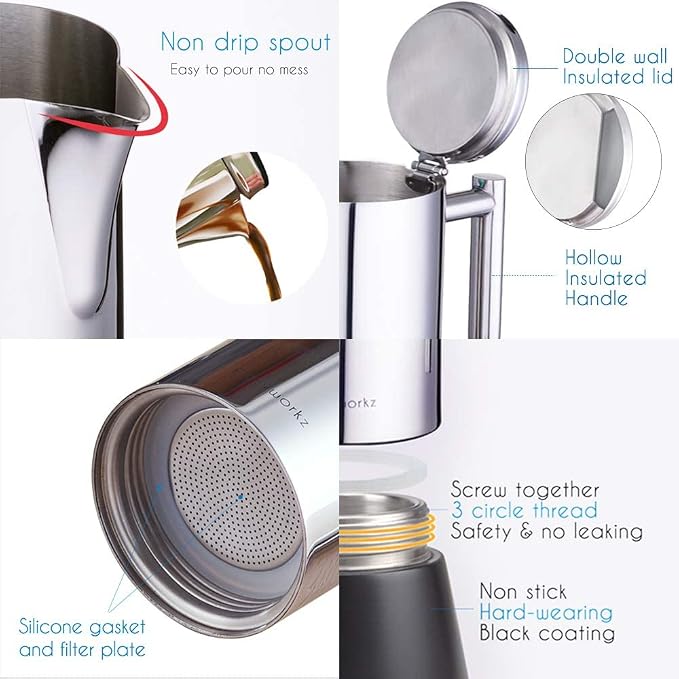 Easyworkz Diego Stovetop Espresso Maker Stainless Steel Italian Coffee Machine Maker 6Cup 10 oz Moka Pot Induction Espresso Pot