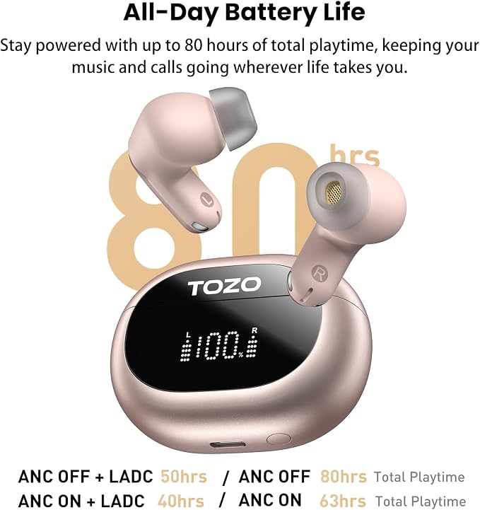TOZO NC20 Active Noise Cancelling Wireless Earbuds, LDAC Hi-Res Sound Bluetooth Headphones, 6 Mics AI Call Ear Buds 80H Playtime, Dual Pairing, 32 EQ via App, IPX8 Waterproof, Wireless Charging Case