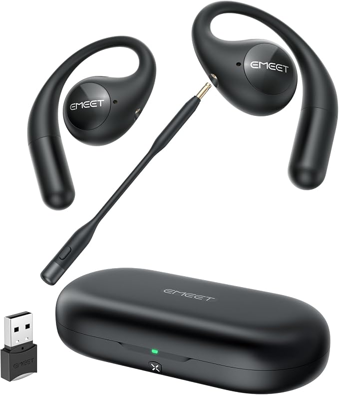 EMEET AirFlow Open Ear Headphones with Mic, Bluetooth 5.3 Wireless Headsets with Detachable Microphone, ENC Noise Cancelling, Multipoint Pairing, Ultra Comfort, Wireless Earbuds for Work, home, office