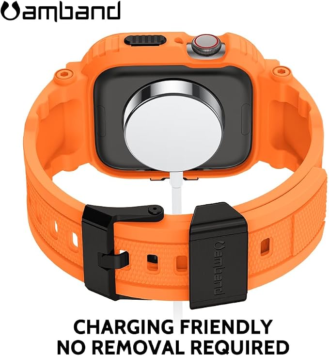 amBand Bands Compatible with Apple Watch 9/8/7 45mm, M1 Sport Series Rugged Case with TPU Strap Military Protective Tough Cover Bumper for iWatch SE3/SE2/SE/6/5/4 44mm Men Orange