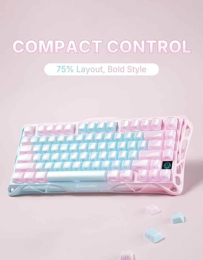 GravaStar Mercury K1 Lite 75% Gaming Keyboard, 2.4GHz/BT/Wired Tri-Mode Wireless Keyboard, Gasket Hot Swappable Mechanical Keyboard, Pre-lubed Linear Switches, Jelly Keycaps, RGB Backlit【Aurora Mist】