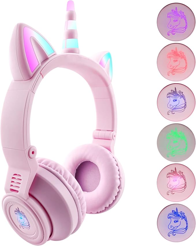 Unicorn Kids Headphones for Girls,7 Colour Flash Unicorn Bluetooth Headphones Foldable for Girls Toddlers Tablet/pad/Amazon fire,Light Up Kids Wireless Headphone Birthday Gifts (Purple Pink)