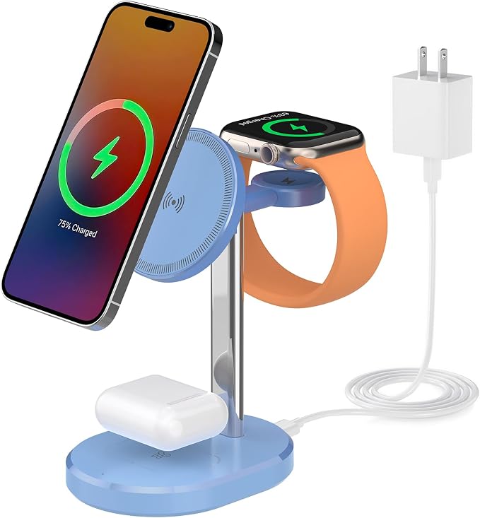 3 in 1 Wireless Charging Station,Detachable Apple Watch Charger & 15W Charger Stand for MagSafe for iPhone, Wireless Charger for Multiple Devices iPhone 16/15/14/13&Watch&AirPods（Blue）