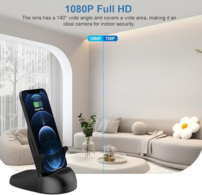 Security Camera WiFi Wireless Phone Charger, Security Cam Motion Activated,HD1080P(Rotate Lens) with 250°Viewing Angle, camaras espias ocultas for Home Office Security(2.4/5G)