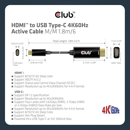 Club 3D 4K 60Hz HDMI to USB Type C Video Cable HDMI 2.0 (Male) to USB Type C (Male) Active Monitor Converter 1.8m/6 Feet CAC-1334