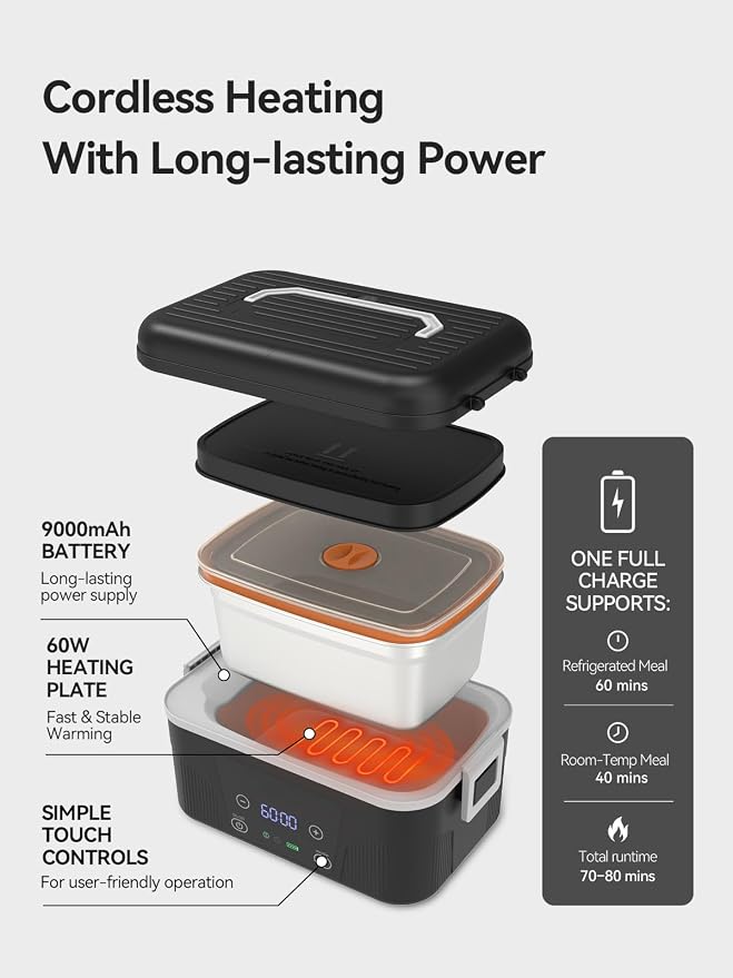 SOHIDA Cordless Heated Lunch Box: 1.4L Electric Lunch Box With Battery Powered, Custom Heating Time and Preset Heating Function for Adult - Portable Food Warmer for Office, Travel, Outdoor