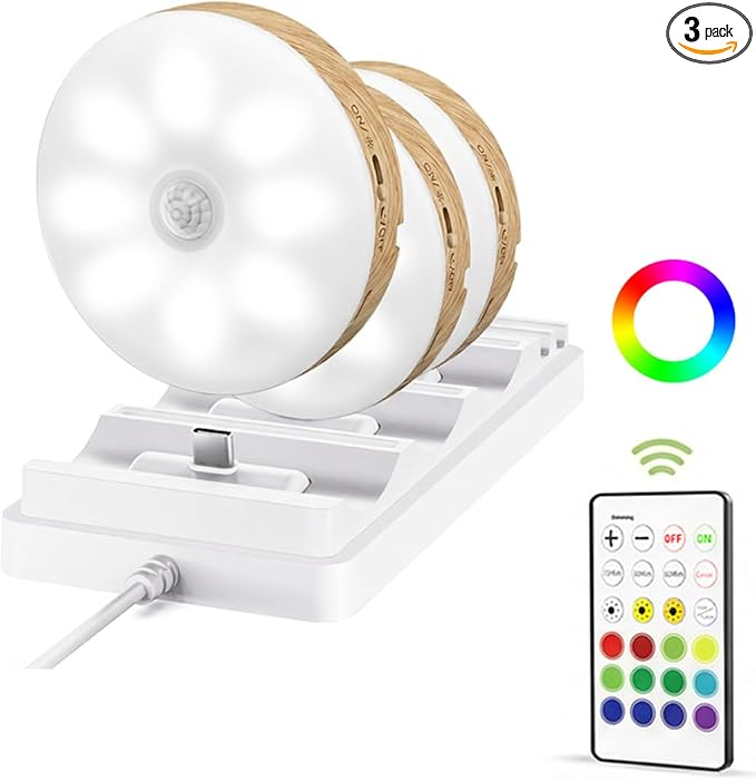 EZVALO Under Cabinet Lighting with Charging Station, 1000mAh Rechargeable Puck Lights with Remote, 3 Color Temps & 12 RGB Closet Lights, Dimmable Motion Sensor Lights for Shelf, Kitchen (6 Packs)