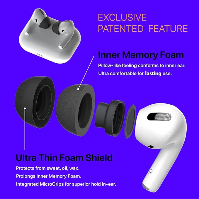 AirFoams Pro Ultra V5.0 Memory Foam Lifetime Replacement Ear Tips for AirPods Pro 1 & 2 — Black Color, Anti Slip, Better All Day Comfort, Don't Fall Out, Noise Cancelling, Better Sound (3 Pairs-S/M/L)