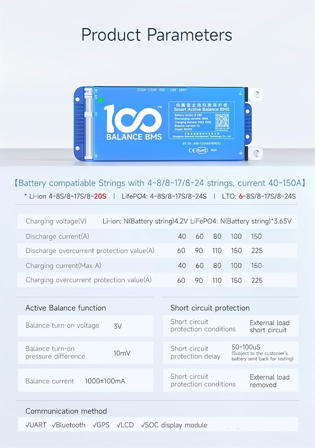 100BALANCE BMS 150A Active Balance 1A 8S-24S Build in Bluetooth Cell Balancing Smart PCB Battery Protection Board for Li-ion/Lifpo4/LTO Lithium Battery Pack