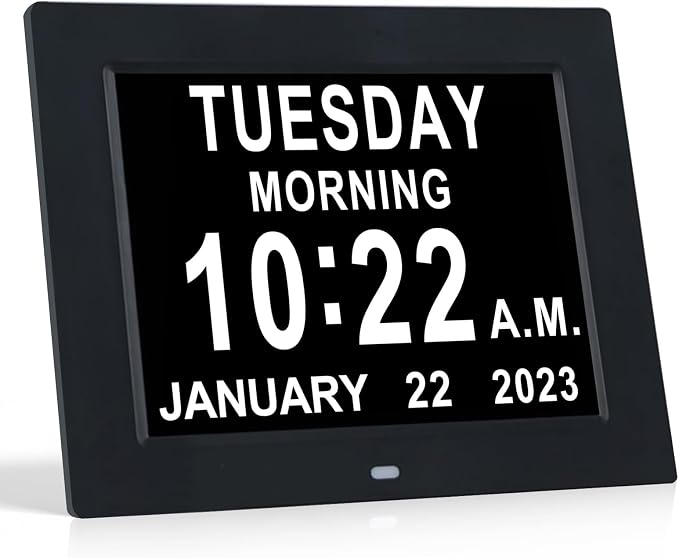 TMC 8 Inch Dementia Clock for Seniors – Large Auto-Dimming Calendar Display with Date & Time, Multi-Language Support, Medicine Reminders & Alarms – Wall or Desk Mount, Integrated Stand (Black, SD)