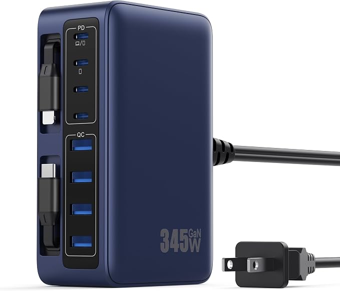 345W USB C Charger 10 in 1 Retractable Wall Charger with 2 Cables,GaN 6 USB C Charging Station Phone Charging PD Laptop Charger Adapter for MacBook Pro/Air,DELL,iPhone17/16/15,Galaxy S24,Android etc