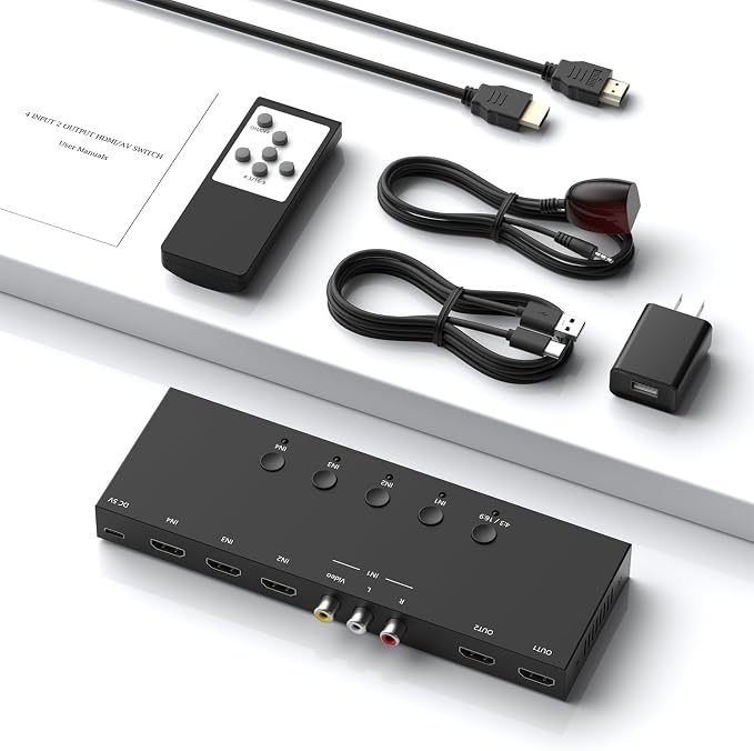 Y.D.F (3 HDMI 2.0 + 1 RCA) to 2 HDMI Converter (4 In 2 Out, 2 Outputs Can Simultaneous Display) Switcher Splitter Support 4:3/16:9 Switching for N64 NGC Wii Xbox PS2/3/4/5 Switch Apple TV Fire TV Roku