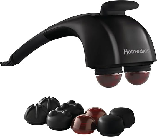 Homedics Handheld Back Massager with Heat, Deep Tissue Percussion Massager for Neck, Shoulders & Body, 4 Custom Attachment Sets, Dual Node Massage, 3 Speeds, Comfort Grip Handle, Twin Percussion Pro