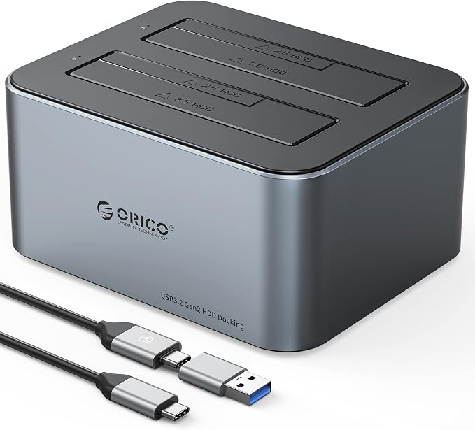 ORICO Hard Drive Docking Station, Aluminum Dual Bay USB C to SATA 3.0 6 Gbps HDD Docking Stations with UASP for 2.5 or 3.5 Inch HDD with 12V 3A Power Supply, 36TB Support, Gray (6626C3)