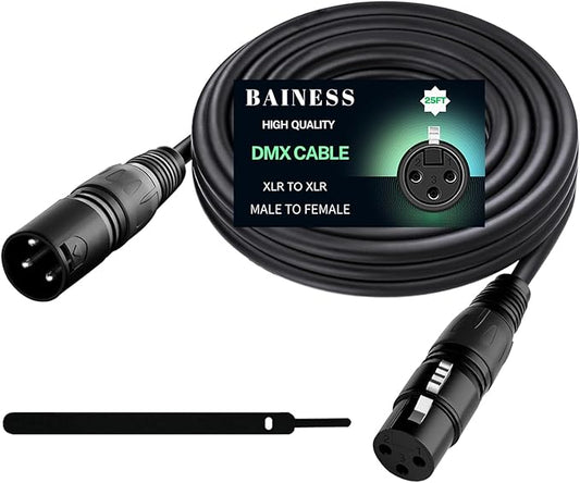 25ft Flexible DMX Cable 3 Pin Signal XLR Male to Female DMX Cables Wire for Stage Lighting, DJ Lights, Moving Head & Par LED Fixtures, Black