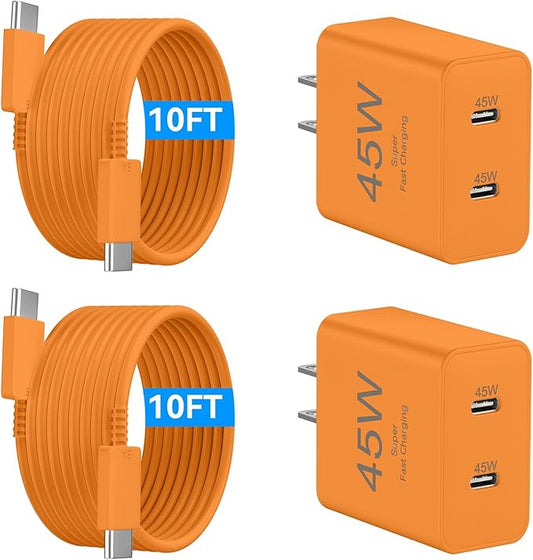 Phone 17 Charger Fast Charging, 45W Dual USB C Charger Block,USB C Wall Chargers with 10FT Long USBC Charging Braide Cable Cord for Phone 17 16 15 Pro Max/Pro/Plus/Air,Pad Pro,S25/S24-cosmic Orange