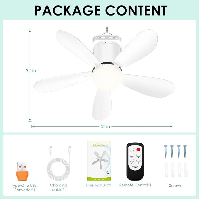 21” Battery Operated Ceiling Fan Light, Portable Ceiling Fan with Remote, Wireless Rechargeable Gazebo Fan Light for Outdoor, for Tent Porch Patio Camping Canopy Chicken Coop Outside