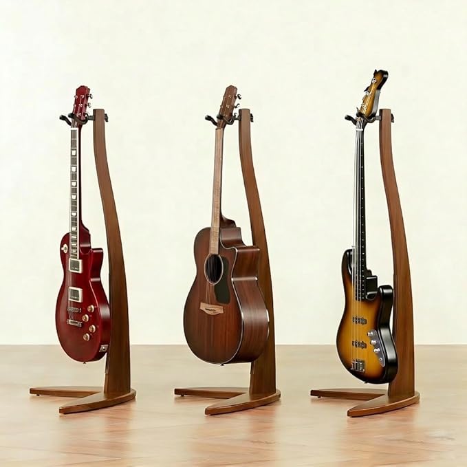 MUSO Guitar Bass Hanger Stand, Solid Wood Bow Holder Mermaid Shaped for Display and Storage, 42 inches Height Anti-scratched and Anti-bump, Deorate Studios, Living room and Stage (Sapele, 1)