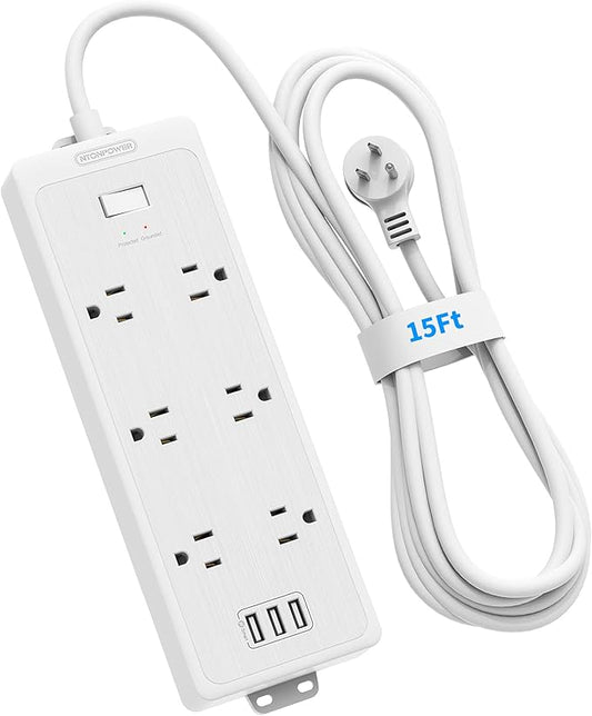 15 FT Extension Cord Surge Protector Power Strip 6 Super Wide Spaced Outlets, NTONPOWER Flat Plug Surge Protector Wall Mount with 3 USB, 1875W, 15A, 1700 Joules, Overload Protection for Home Office