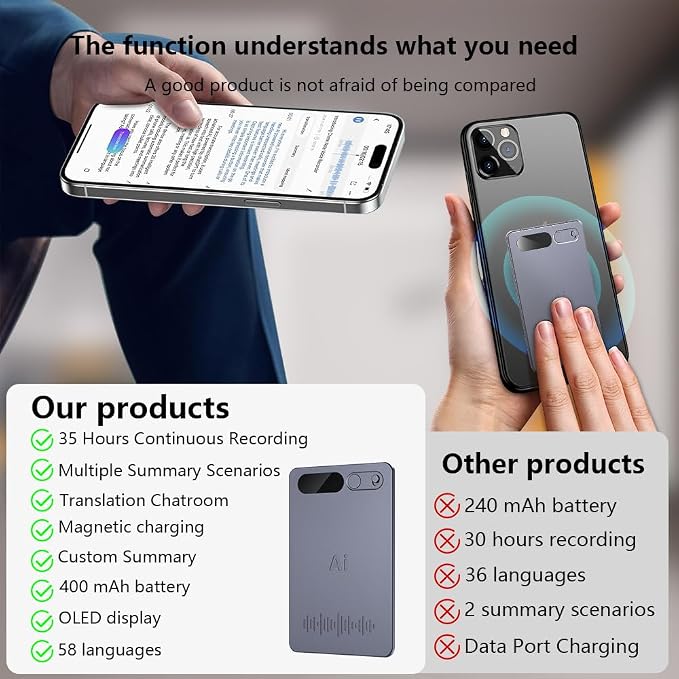 Voice Recorder with Black Case, AI Powered Transcription & Summary, Multiple Language Support, App Control, 64GB Storage, Meeting Friendly