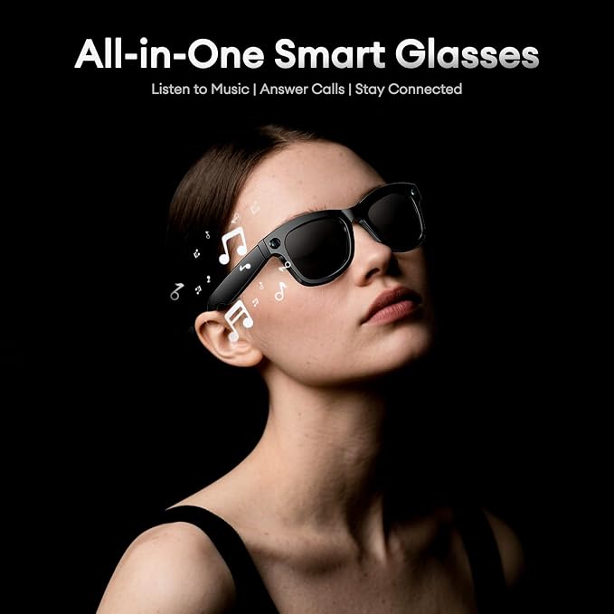 QxzPower 1080P HD AI Smart Camera Glasses, 8MP Camera Bluetooth 5.4 Recording Glasses, Dual Mic ENC Noise Reduction, Blue Light Filtering Lenses, Video Glasses with Men and Women, M01Pro Black